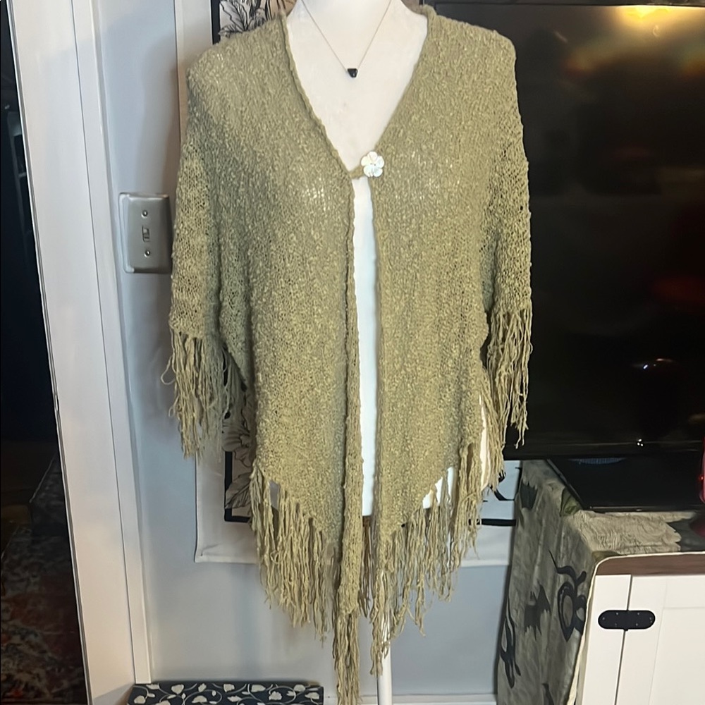 Fringed Knit Shawl in Light Tan